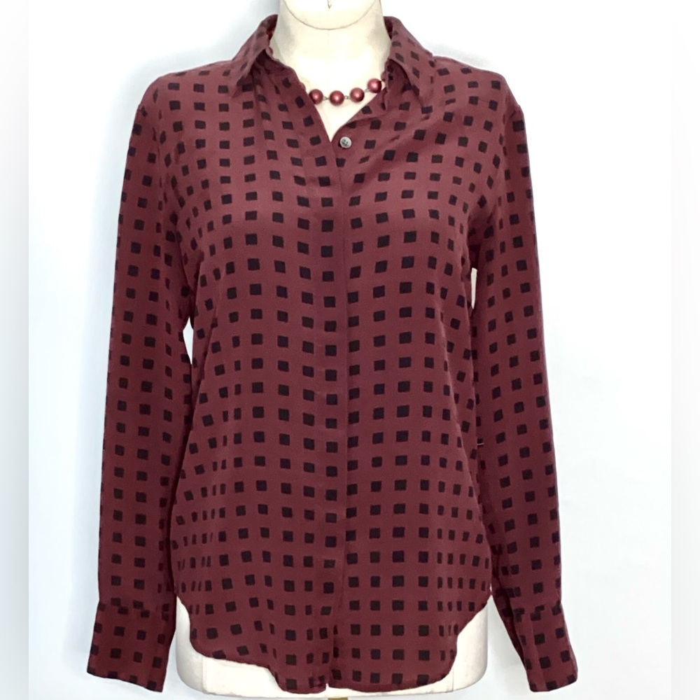 Madewell Silk Burgundy Checked Button-Front Blouse
